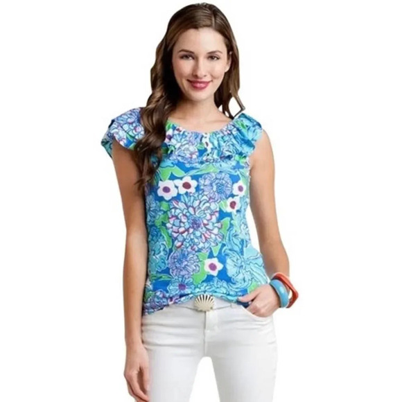 Lilly Pulitzer Worth Blue May Flowers Wynne Top - Picture 1 of 8